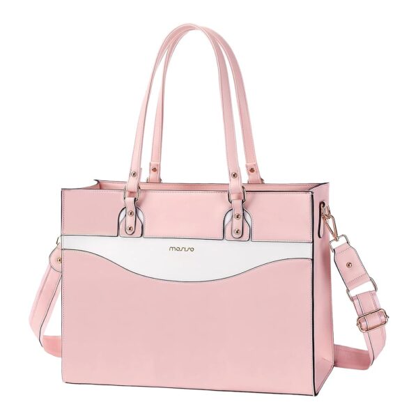 MOSISO Laptop Tote Bag for Women, 15.6 inch Work Teacher Laptop Bag, PU Leather Curved Line Computer Briefcase, Large Capacity Handbag for Business Office, Pink