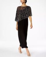 MSK Beaded Cape Gown Black Silver Size 1X Evening Wedding