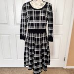 Nina Leonard Plaid Scoop Neck Jacquard Knit Sweater Dress Black White Plaid XL