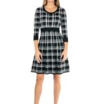 Nina Leonard Plaid Scoop Neck Jacquard Knit Sweater Dress Black White Plaid XL