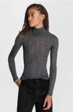 Rag & Bone Lexi Semisheer Cotton Blend Rib Turtleneck Top Silver Black Med NWT