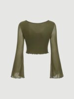 SHENHE Women's Plus Size Mesh Tops Lace Coquette Bow Tie Front Bell Sleeve Shirt Crop Top