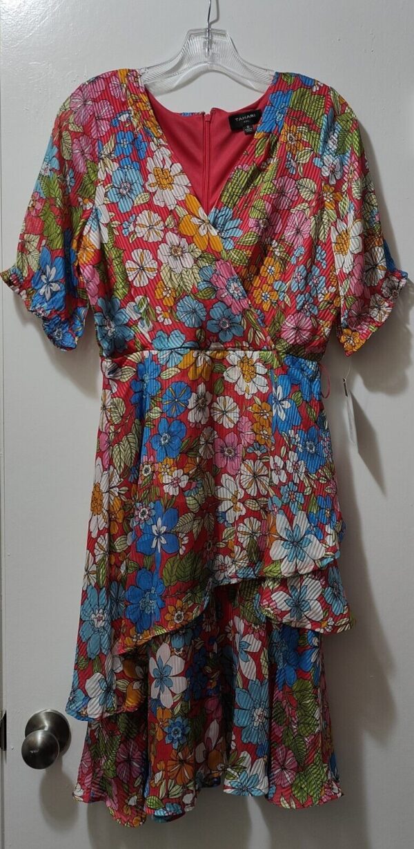 Tahari Asl Women's Multicolor Floral Semi Sheer Belted Faux Wrap Dress Size 8