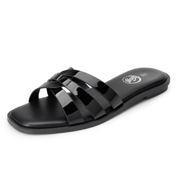 Trary Women's Flat Sandals Open Square Toe Slip on Slippers Casual Dressy Comfortable Soft Leather Summer Fashion Slide Sandals for Women Vacation Beach Party