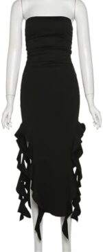 Women's Bodycon Dresses Summer Elegant Strapless Irregular Tassel Skinny Split Maxi Bodycon Birthday Party Clubwear