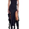 Women's Bodycon Dresses Summer Elegant Strapless Irregular Tassel Skinny Split Maxi Bodycon Birthday Party Clubwear