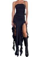 Women's Bodycon Dresses Summer Elegant Strapless Irregular Tassel Skinny Split Maxi Bodycon Birthday Party Clubwear