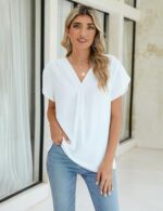 BMJL Women's Dressy Casual Blouses White Business Work Tops Petal Short Sleeve V Neck T Shirt Summer Outfits 2024