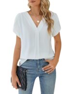 BMJL Women's Dressy Casual Blouses White Business Work Tops Petal Short Sleeve V Neck T Shirt Summer Outfits 2024