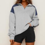 Half Zip Pullover Women Fashion Trendy Color Block Splicing Hoodless Turndown Collar Oversize Outfit Sweatshirt
