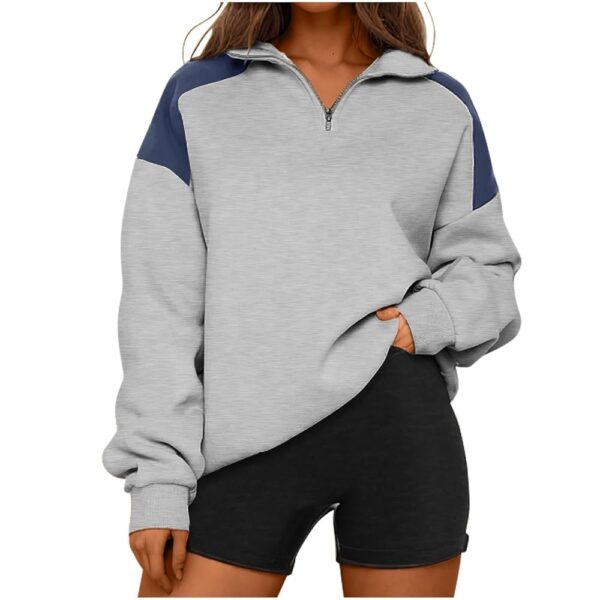 Half Zip Pullover Women Fashion Trendy Color Block Splicing Hoodless Turndown Collar Oversize Outfit Sweatshirt