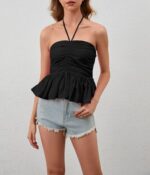 MISSACTIVER Women Summer Flowy Halter Neck Tube Tank Top Backless Ruffle Hem Ruched Drawstring Strapless Crop Bandeau Tops