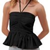MISSACTIVER Women Summer Flowy Halter Neck Tube Tank Top Backless Ruffle Hem Ruched Drawstring Strapless Crop Bandeau Tops