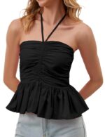 MISSACTIVER Women Summer Flowy Halter Neck Tube Tank Top Backless Ruffle Hem Ruched Drawstring Strapless Crop Bandeau Tops