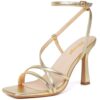 RIBONGZ Strappy Stiletto Kitten Heels Ankle Strap Sexy Heeled Sandals for Women Square Open Toe High Heels Wedding Bride Party Prom Dress Shoes