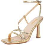 RIBONGZ Strappy Stiletto Kitten Heels Ankle Strap Sexy Heeled Sandals for Women Square Open Toe High Heels Wedding Bride Party Prom Dress Shoes