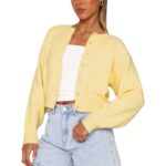Women Y2K Button Front Crop Sweater Cardigan Solid Color Crew Neck Long Sleeve Knit Fall Tops Streetwear