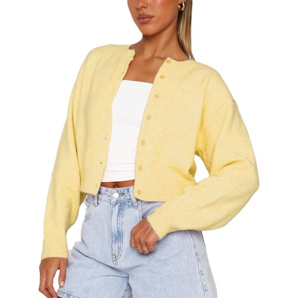 Women Y2K Button Front Crop Sweater Cardigan Solid Color Crew Neck Long Sleeve Knit Fall Tops Streetwear
