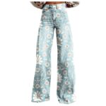 Womens Vintage Wide Leg Fashion High Waisted Casual Denim Pants 90s Floral Printed Pull On Baggy Trousers 3