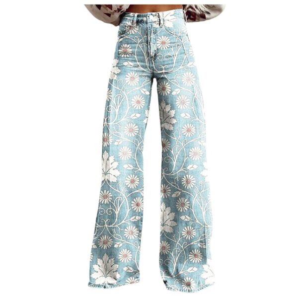 Womens Vintage Wide Leg Fashion High Waisted Casual Denim Pants 90s Floral Printed Pull On Baggy Trousers 3