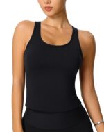 Womens Yoga Crop Tank Tops with Sewn in Padded Long Line Bra Sport Fitness Workout Basic Camisole