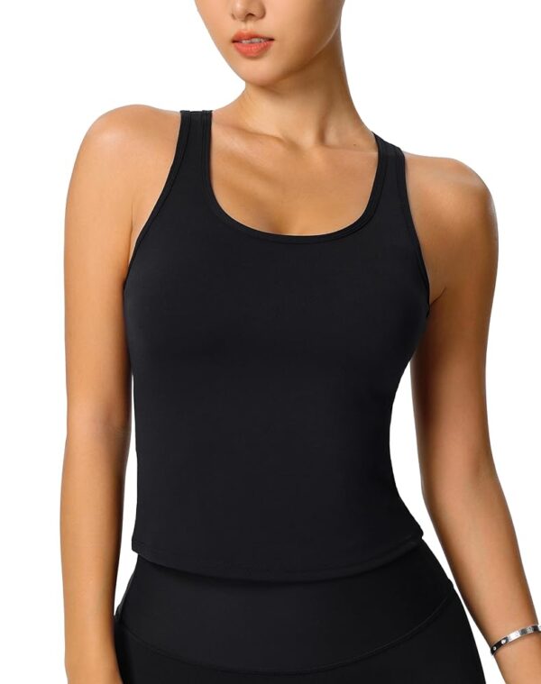 Womens Yoga Crop Tank Tops with Sewn in Padded Long Line Bra Sport Fitness Workout Basic Camisole