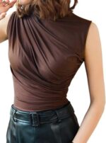 Avanova Women Fitted Sleeveless Ruched Tank Top Shirt Mock Turtleneck Blouses