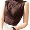 Avanova Women Fitted Sleeveless Ruched Tank Top Shirt Mock Turtleneck Blouses