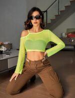 Avidlove Mesh Crop Tops for Women Long Sleeve Fishnet Shirt See Through Tops Rave Outfits Party Clubwear