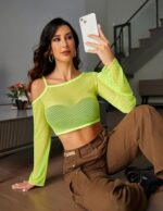 Avidlove Mesh Crop Tops for Women Long Sleeve Fishnet Shirt See Through Tops Rave Outfits Party Clubwear