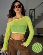 Avidlove Mesh Crop Tops for Women Long Sleeve Fishnet Shirt See Through Tops Rave Outfits Party Clubwear