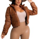 HOULENGS Women's PU Leather Long Sleeve Cropped Puffer Jackets Stand Collar Zip Up Padded Coat with Pockets