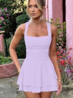 Kaximil Women's Square Neck Ruffle Hem Mini Dress Ruched Waist Short Party Dresses
