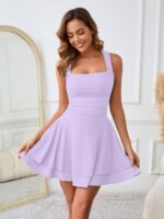 Kaximil Women's Square Neck Ruffle Hem Mini Dress Ruched Waist Short Party Dresses
