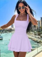 Kaximil Women's Square Neck Ruffle Hem Mini Dress Ruched Waist Short Party Dresses