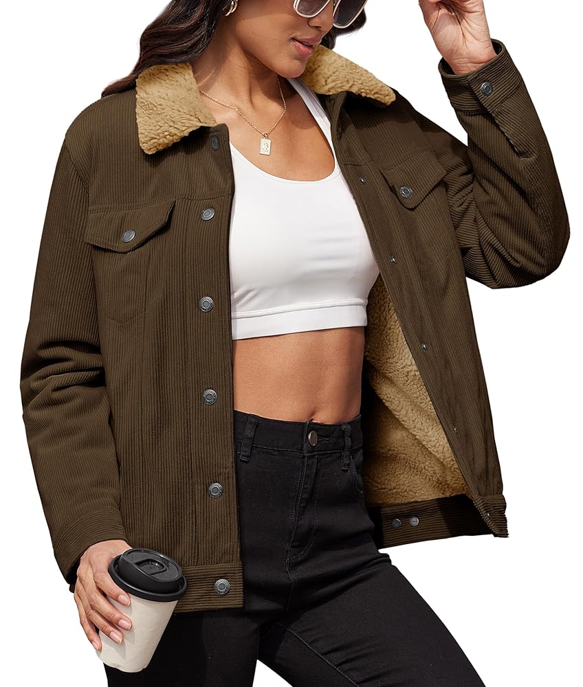 MAGCOMSEN Women's Corduroy Jacket Sherpa Fleece Lined Warm Winter Coat Button Down Casual Jacket with Pockets