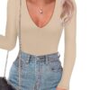 SAUNGKUAI Women's Plunge Deep V Neck Long Sleeve Bodysuit Double Lined Thong Body Suit Shirt Tops