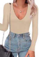 SAUNGKUAI Women's Plunge Deep V Neck Long Sleeve Bodysuit Double Lined Thong Body Suit Shirt Tops