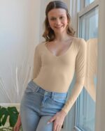 SAUNGKUAI Women's Plunge Deep V Neck Long Sleeve Bodysuit Double Lined Thong Body Suit Shirt Tops