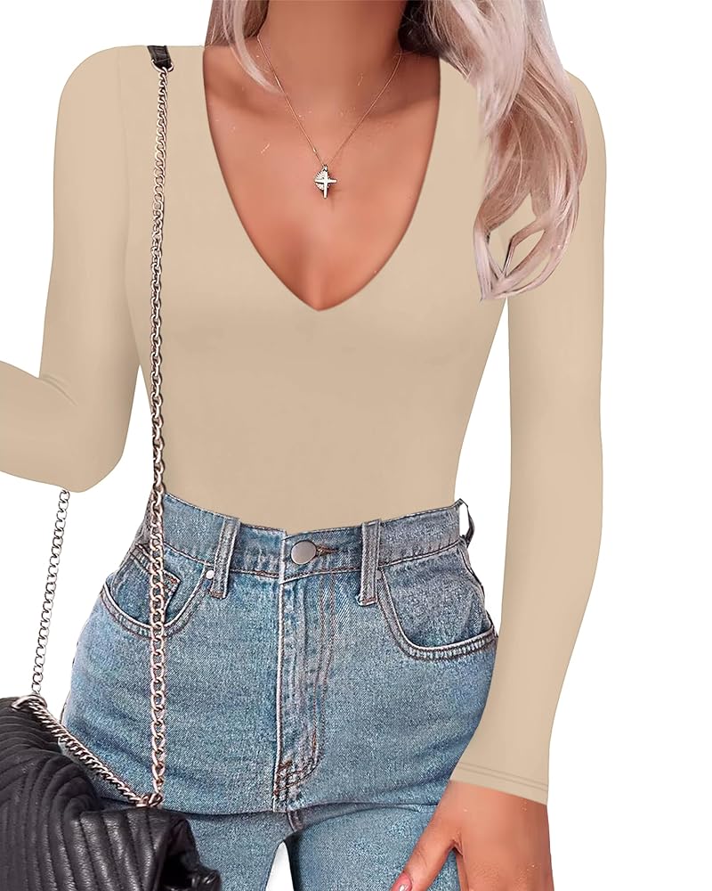 SAUNGKUAI Women's Plunge Deep V Neck Long Sleeve Bodysuit Double Lined Thong Body Suit Shirt Tops