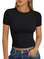 Trendy Queen Womens Basic T Shirts Summer Tops 2025 Short Sleeve Crop Tops Slim Fit Gym Workout Y2k Clothes