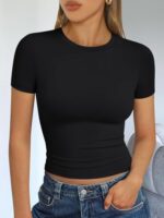 Trendy Queen Womens Basic T Shirts Summer Tops 2025 Short Sleeve Crop Tops Slim Fit Gym Workout Y2k Clothes