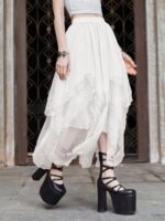 Verdusa Women's Asymmetrical Tulle Skirts Elastic High Waist Ruffle Tiered Mesh Long Skirt
