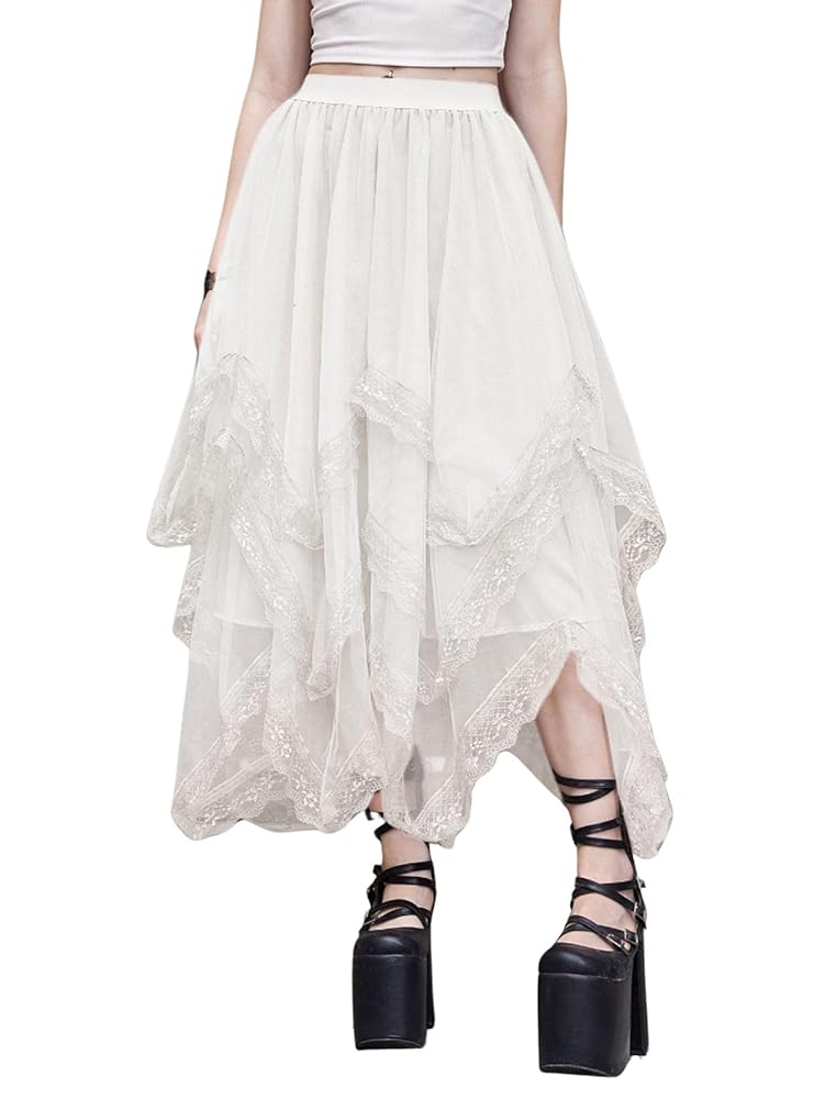 Verdusa Women's Asymmetrical Tulle Skirts Elastic High Waist Ruffle Tiered Mesh Long Skirt