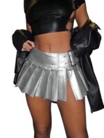 WDIRARA Women's Metallic Split Side Low Rise Drop Waist Pleated Short Skirt