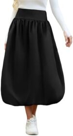 Women's Bubble Long Skirt Elastic Waist A-Line Pleated Ruffle Flowy Balloon Maxi Skirts with Pockets