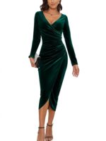 CYiNu Women's V Neck Wrap Velvet Long Sleeve Elegant Bodycon Ruched Cocktail Party Maxi Dress