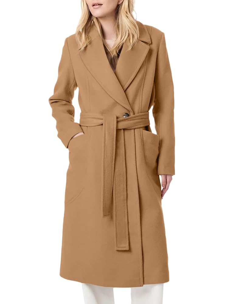 Danedvi Abrigo largo de manga larga con cuello de solapa para mujer, estilo casual, otoño e invierno, con cinturón