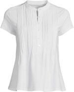 Lands' End Women's Short Sleeve Lightweight Jersey Button Pintuck Top