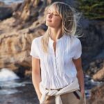Lands' End Women's Short Sleeve Lightweight Jersey Button Pintuck Top